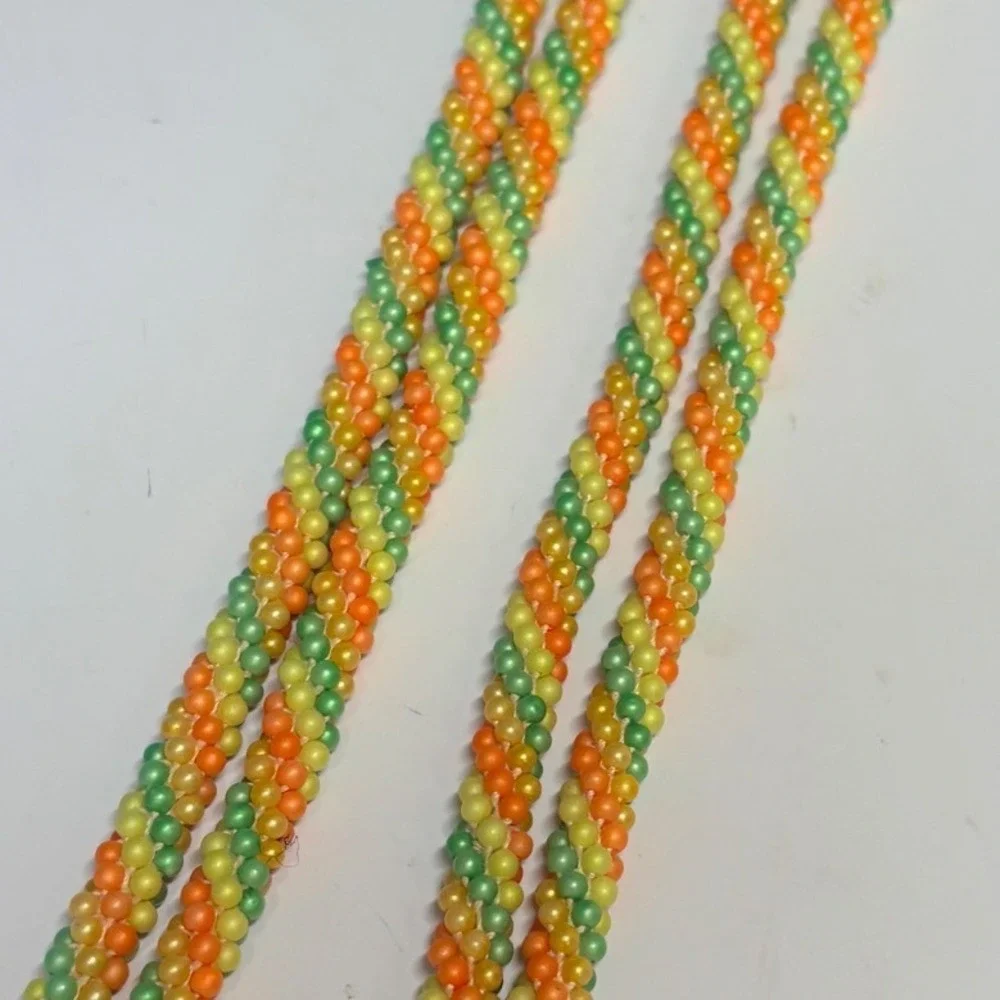 Vintage Style Orange Green Yellow Beaded Rope Necklace Spiral Seed Bead 50 Inch